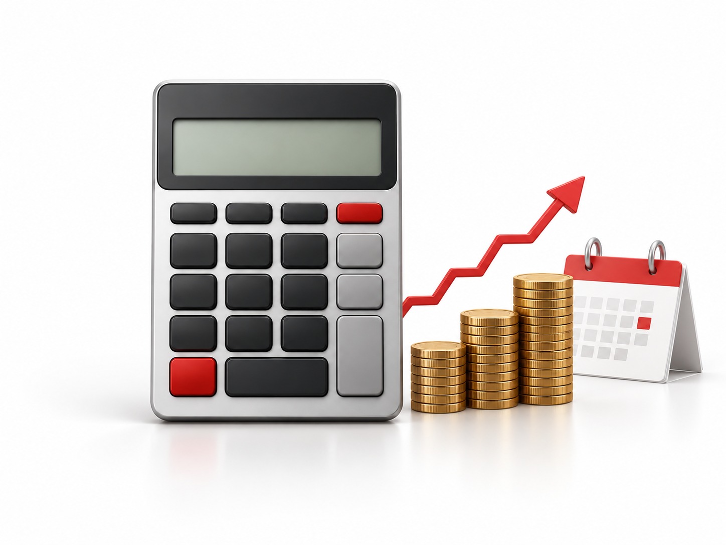 Calculadora con monedas, flecha de crecimiento y calendario